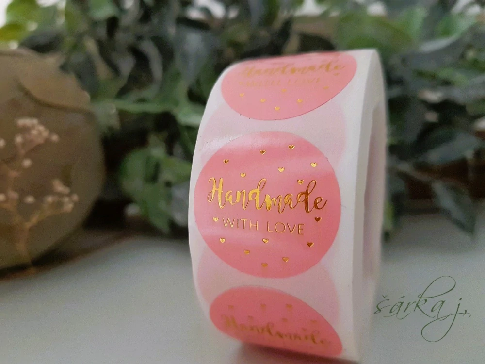 samolepky Handmade se zlatým nápisem, 500 kusů