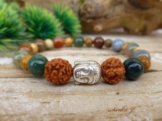 náramek se sílou přírody - Rudraksha, JASPIS, ACHÁT : Buddha