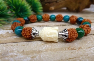 náramek se sílou přírody - Rudraksha, Azuromalachit, bílý korál Buddha