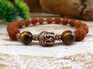 náramek se sílou přírody - Rudraksha, Tygří oko : Buddha > varianta dámský